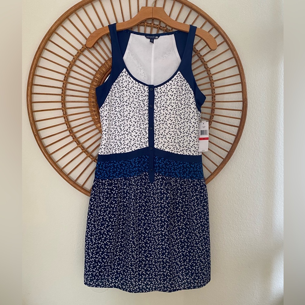 Sperry Top-Sider Size XS Navy Anchor Print Midi Dress Three Tone  Nautical